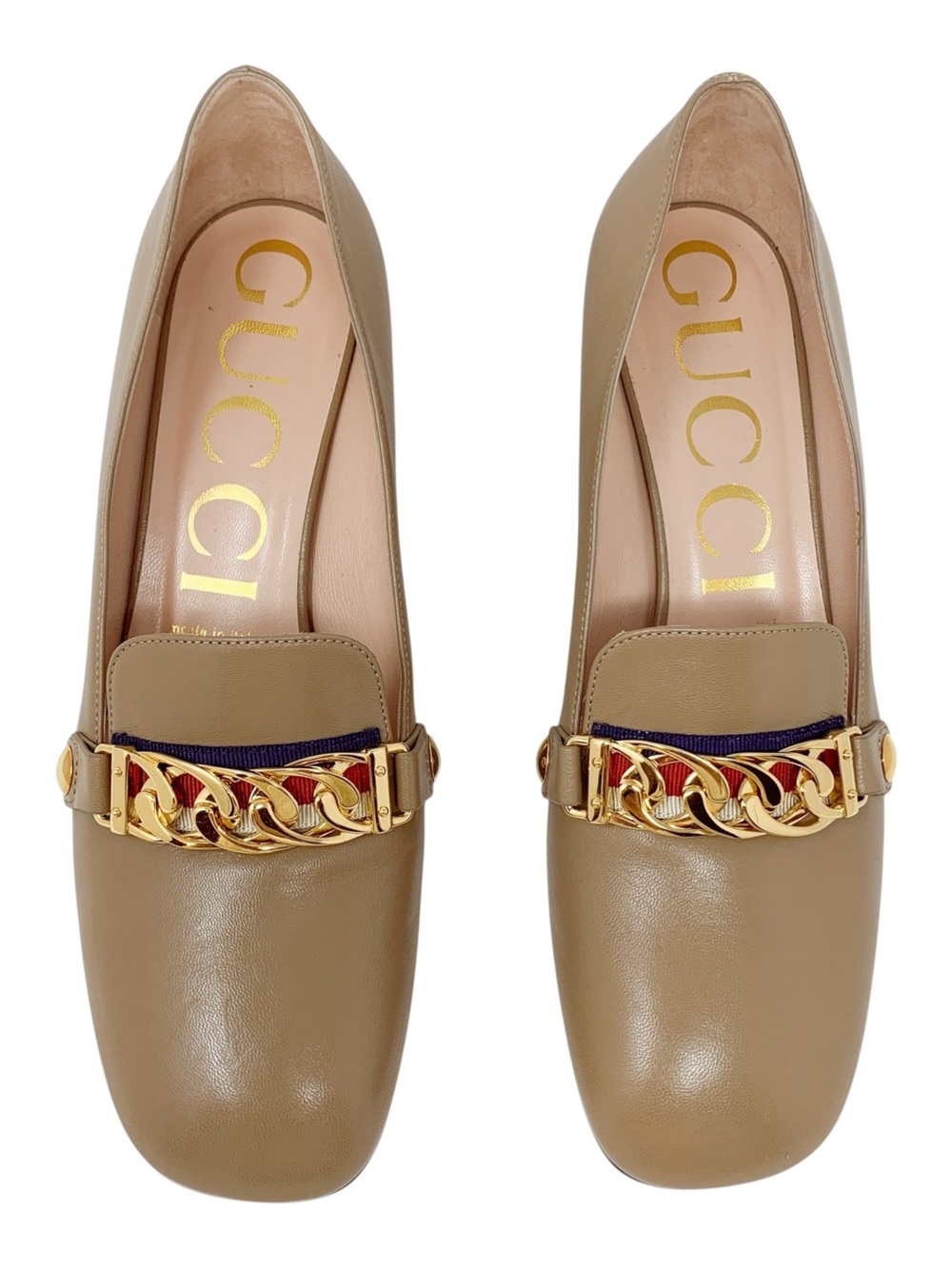 Gucci Sylvie Chain Loafers Beige Leather Block Heel EU 38